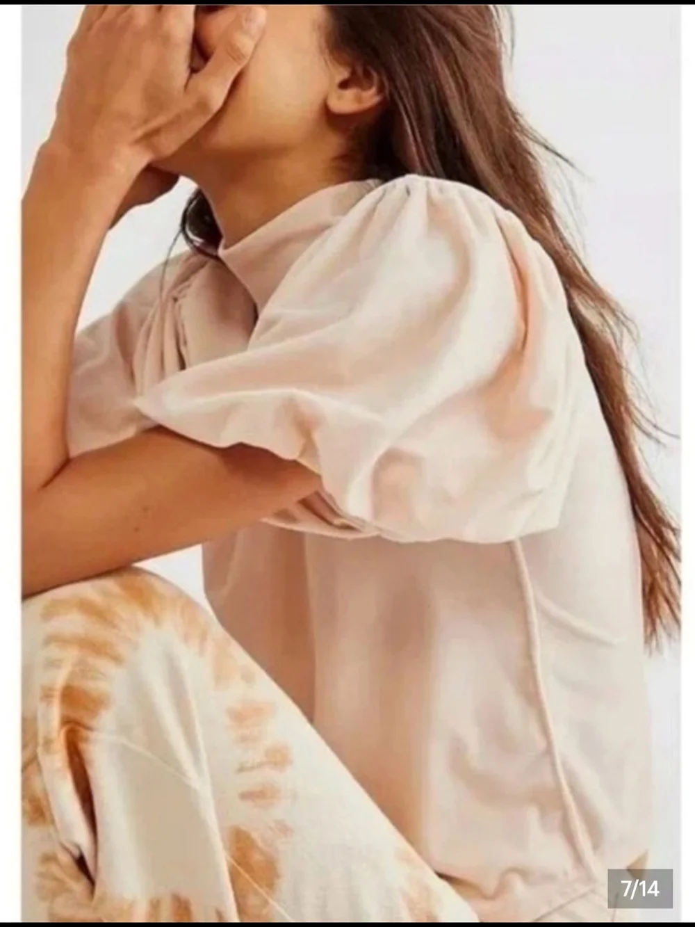 Free People Claudia Pale Blush Puff Sleeve Mock Neck Velvet Top Size S
